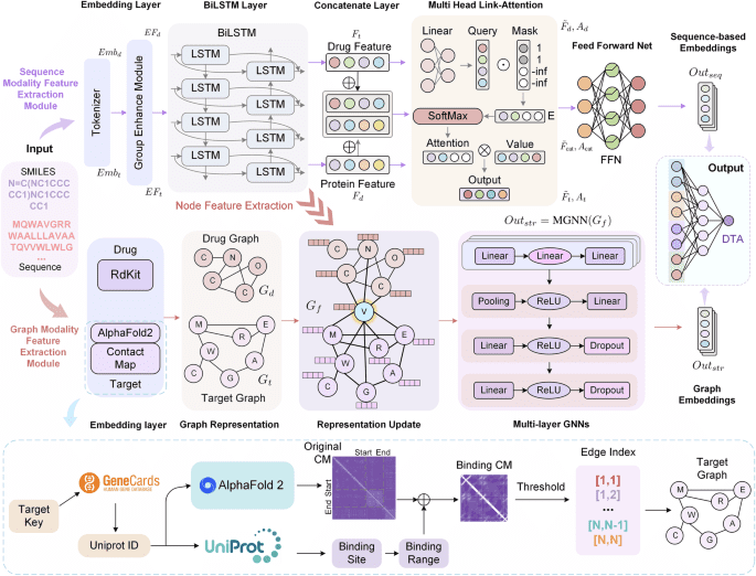 Dual modality feature fused neural network integrating binding site information for drug target affinity prediction