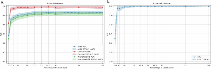 High performance with fewer labels using semi-weakly supervised learning for pulmonary embolism diagnosis